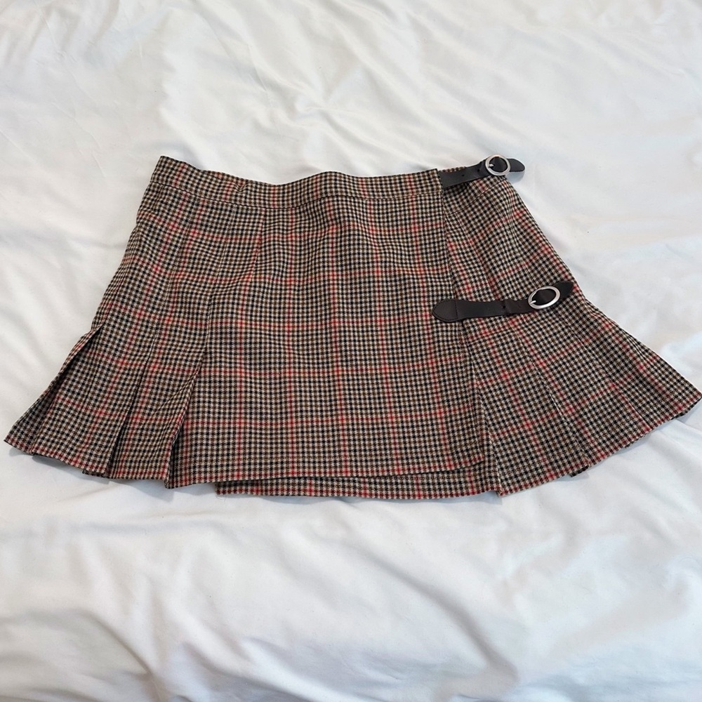 Plaid Mini Skirt with Buckle Accents
